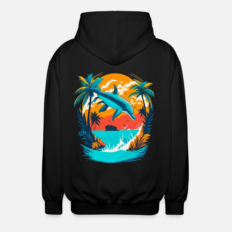 Dolphin with Tropical Sunset - Unisex Hooded Jacket - black