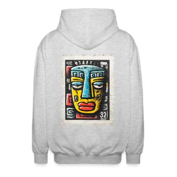 Bunte Maske im Tribal-Stil auf Briefmarke - Unisex Kapuzenjacke - Hellgrau meliert - Hinten - AI Model Male 185 light (185cm)