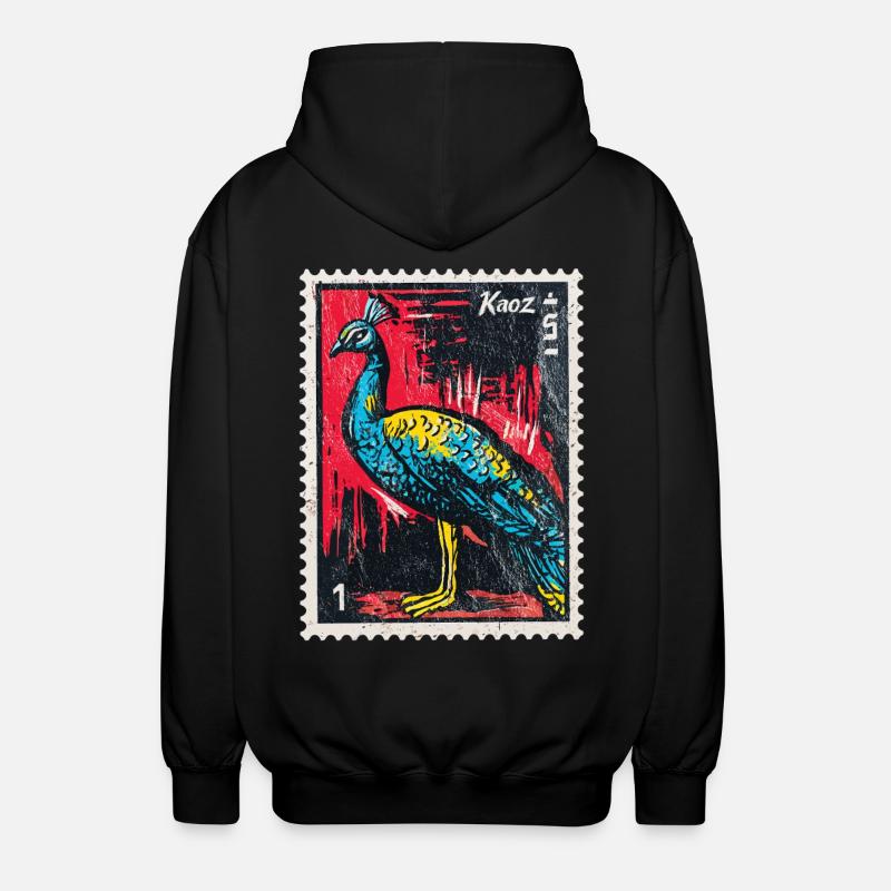 Peacock on stamp – elegant & colourful - Unisex Hooded Jacket - black