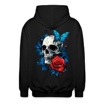 Totenkopf Totenschädel Schmetterling Rose Blume - Unisex Kapuzenjacke - Schwarz - Hinten - AI Model Male 185 light (185cm)