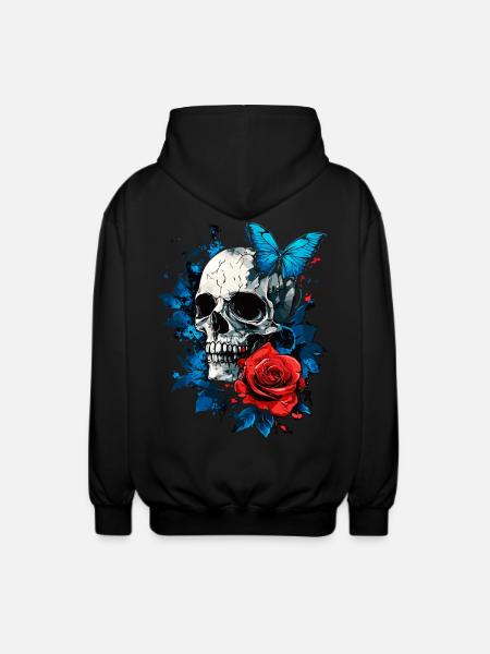 Skull Skull Butterfly Rose Flower - Unisex Hooded Jacket - black