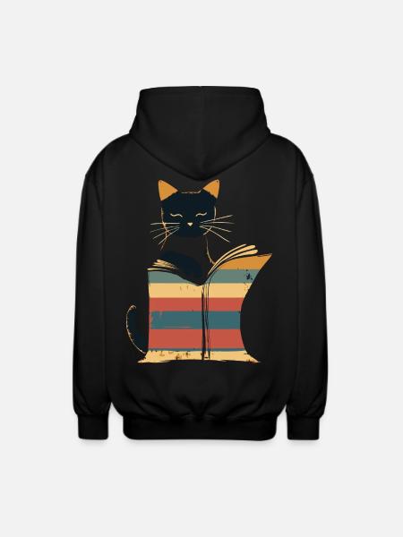 Black cat reading book - Unisex Hooded Jacket - black