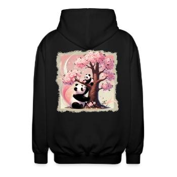 Mom and baby pandas at the cherry tree - Unisex Hooded Jacket - black - Back - AI Model Male 185 light (185cm)