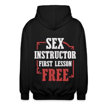 Sex Instructor Shirt – Erste Stunde gratis - Unisex Kapuzenjacke - Schwarz - Hinten - AI Model Male 185 light (185cm)