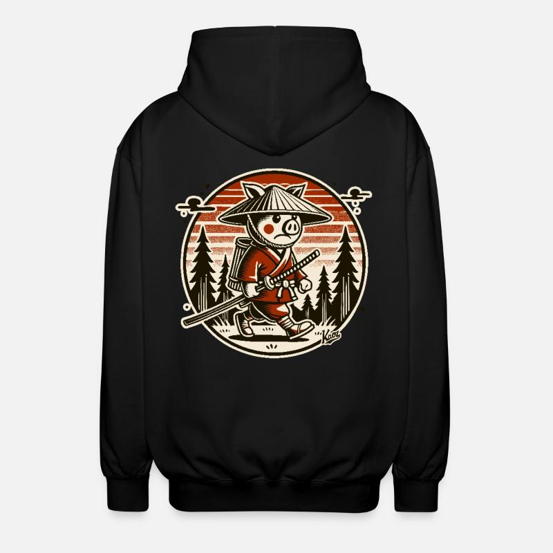 Samurai-Schwein Ronin auf Wanderschaft - Unisex Kapuzenjacke - Schwarz