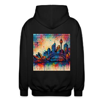 Graffiti Kunst von Sydneys Skyline - Unisex Kapuzenjacke - Schwarz - Hinten - AI Model Male 185 light (185cm)