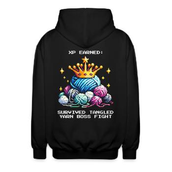 Earn XP: Defeated Balls of Wool | Crochet Yarn - Unisex Hooded Jacket - black - Back - AI Model Male 185 light (185cm)