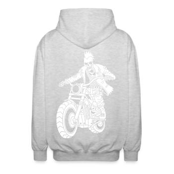 The White Biker from Hell - Unisex Hooded Jacket - light heather grey - Back - AI Model Male 185 light (185cm)