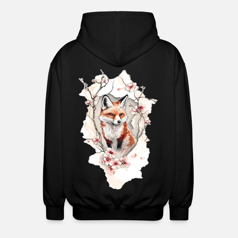 Fox Cherry Blossoms - Unisex Hooded Jacket - black