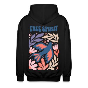 Free Spirit - Aesthetic Boho Graphic Floral Bird - Unisex Hooded Jacket - black - Back - AI Model Male 185 light (185cm)