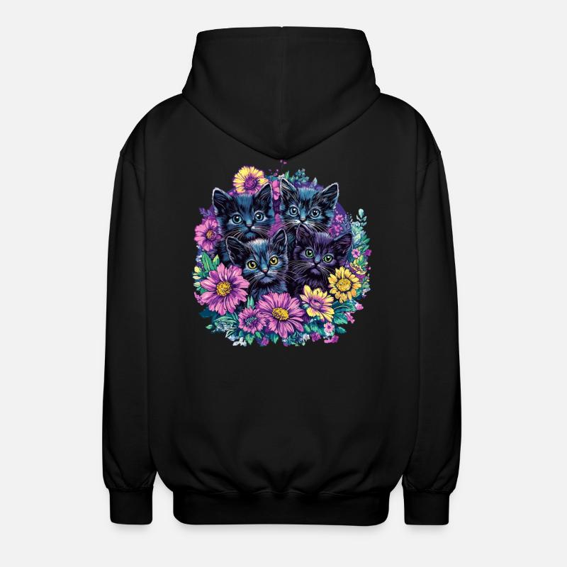 Schwarze Kätzchen mit Blumen - Unisex Kapuzenjacke - Schwarz