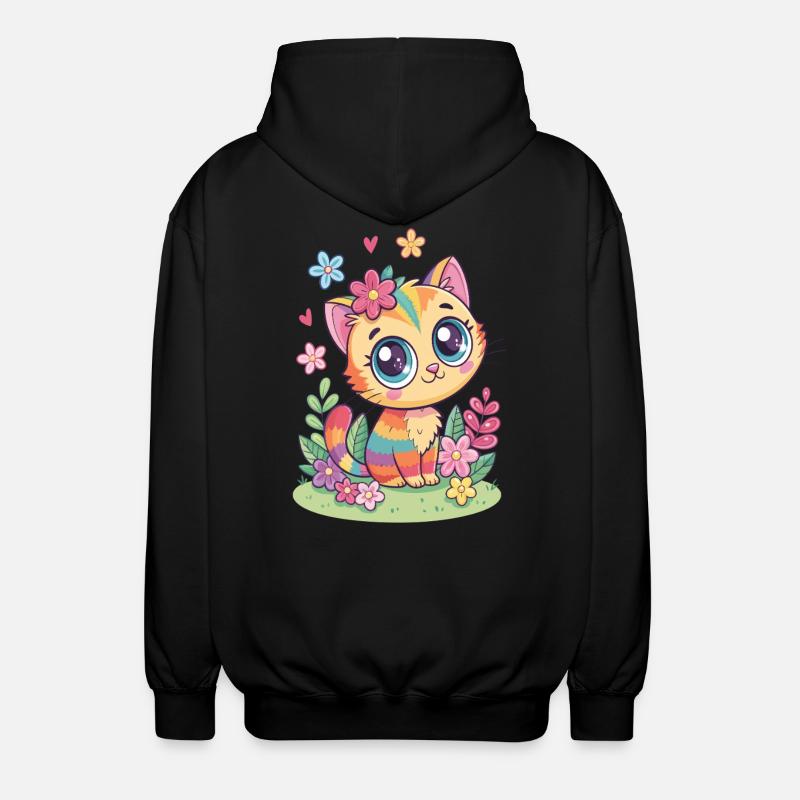Regenbogen Katze mit Blumen - Unisex Kapuzenjacke - Schwarz
