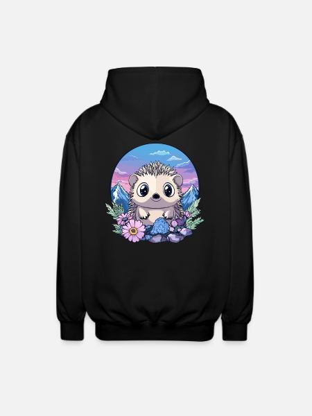 Hedgehogs in Alpine Flowers - Unisex Hooded Jacket - black