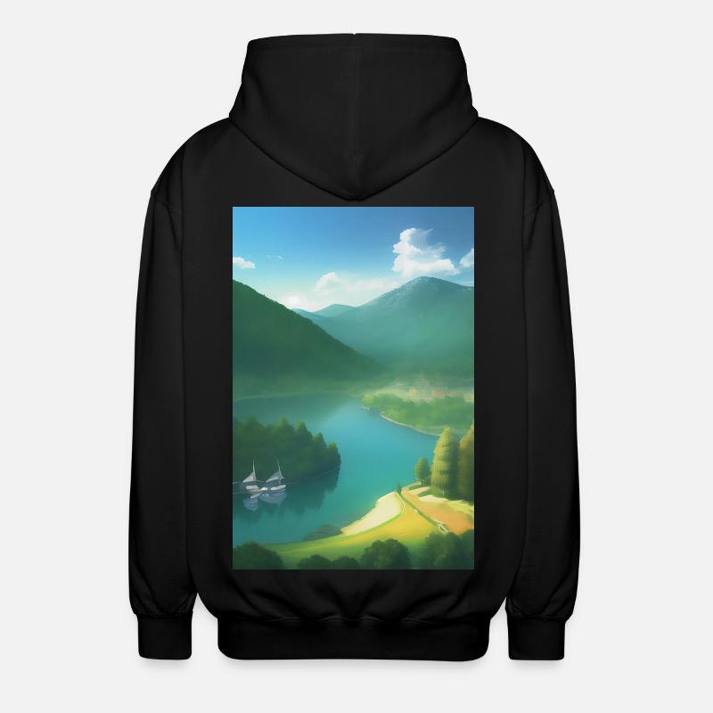 Landschaft mit See, Boot und Berge - Unisex Kapuzenjacke - Schwarz