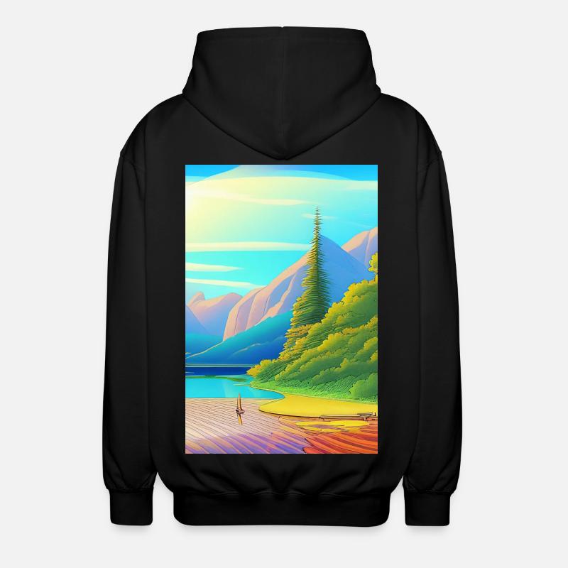Landschaft mit See, Boot und Berge - Unisex Kapuzenjacke - Schwarz