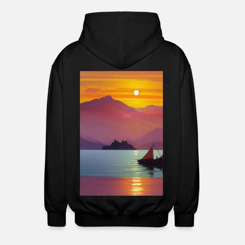 Landschaft mit See, Boot und Berge - Unisex Kapuzenjacke - Schwarz