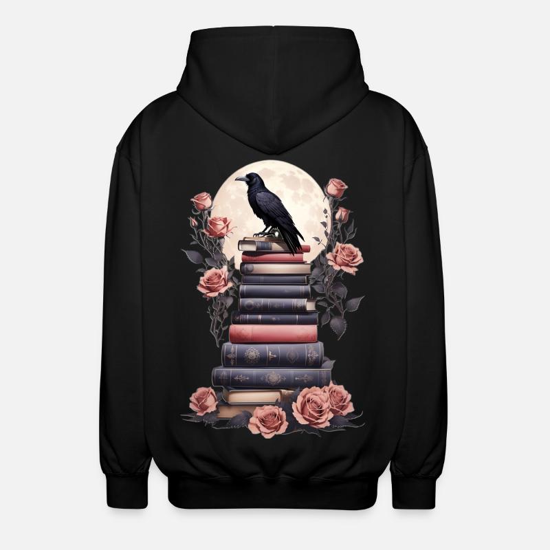 Stack of books with raven - Unisex Hooded Jacket - black