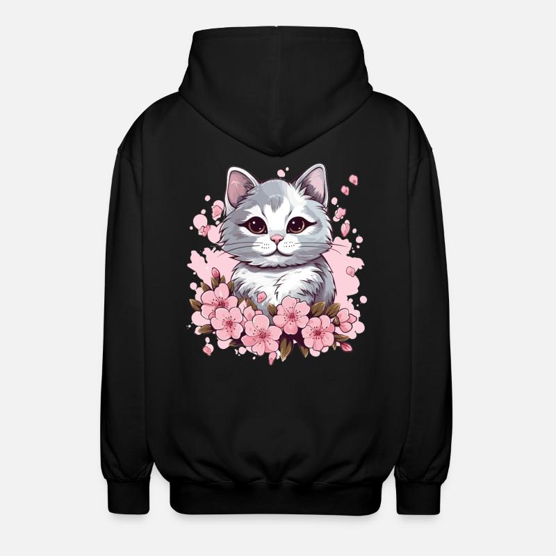 Katze mit Kirschblüten - Unisex Kapuzenjacke - Schwarz
