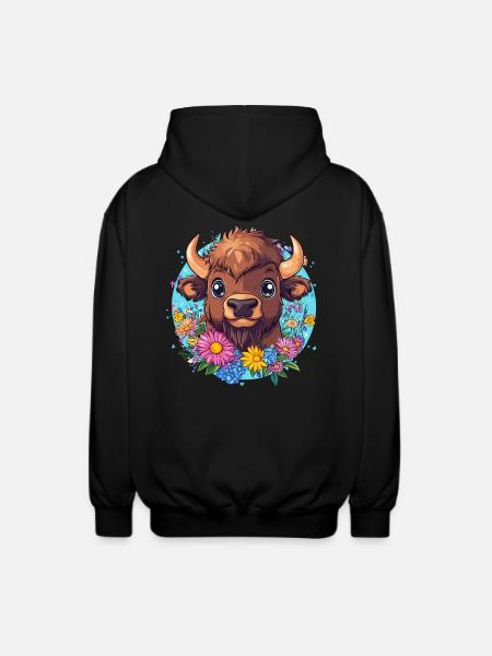 Bison with flower wreath - Unisex Hooded Jacket - black