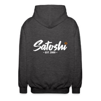 Satoshi est 2009 Bitcoin - Unisex Hooded Jacket - charcoal grey - Back - AI Model Male 185 light (185cm)