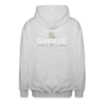 Gardasee Bergwandern - Unisex Kapuzenjacke - Hellgrau meliert - Hinten - AI Model Male 185 light (185cm)