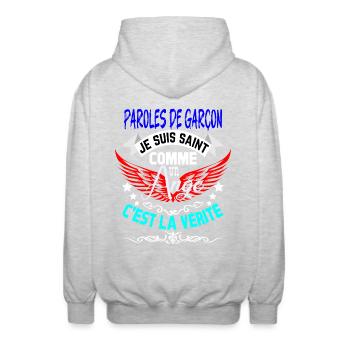 Paroles de garçon SAINT ANGE - Veste à capuche unisexe - gris clair chiné - Dos - AI Model Male 185 light (185cm)