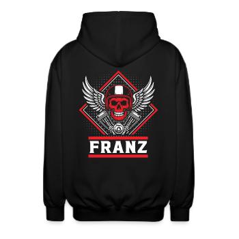 Biker Couple in Österreich für King of the Roads - Unisex Kapuzenjacke - Schwarz - Hinten - AI Model Male 185 light (185cm)