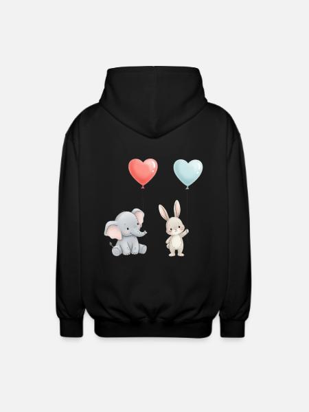 Elefant Kanin Kærlighed Ballon Hjerte Sød - Unisex hættejakke. - sort