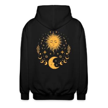 Vintage Sun Moon & Stars, Celestial Boho - Unisex Hooded Jacket - black - Back - AI Model Male 185 light (185cm)
