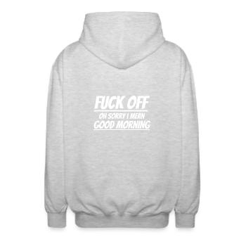 Fuck Off | Good Morning | Bad mood - Unisex Hooded Jacket - light heather grey - Back - AI Model Male 185 light (185cm)