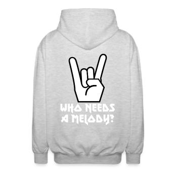 French Friesfork Metal Hand Funny WHO NEEDS A MELODY? - Unisex Hooded Jacket - light heather grey - Back - AI Model Male 185 light (185cm)