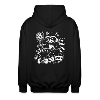 Trash But Tasty – Lustiges Waschbär Shirt - Unisex Kapuzenjacke - Schwarz - Hinten - AI Model Male 185 light (185cm)