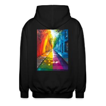 Rainbow Street in the City - Colorful Avenue - Unisex Hooded Jacket - black - Back - AI Model Male 185 light (185cm)