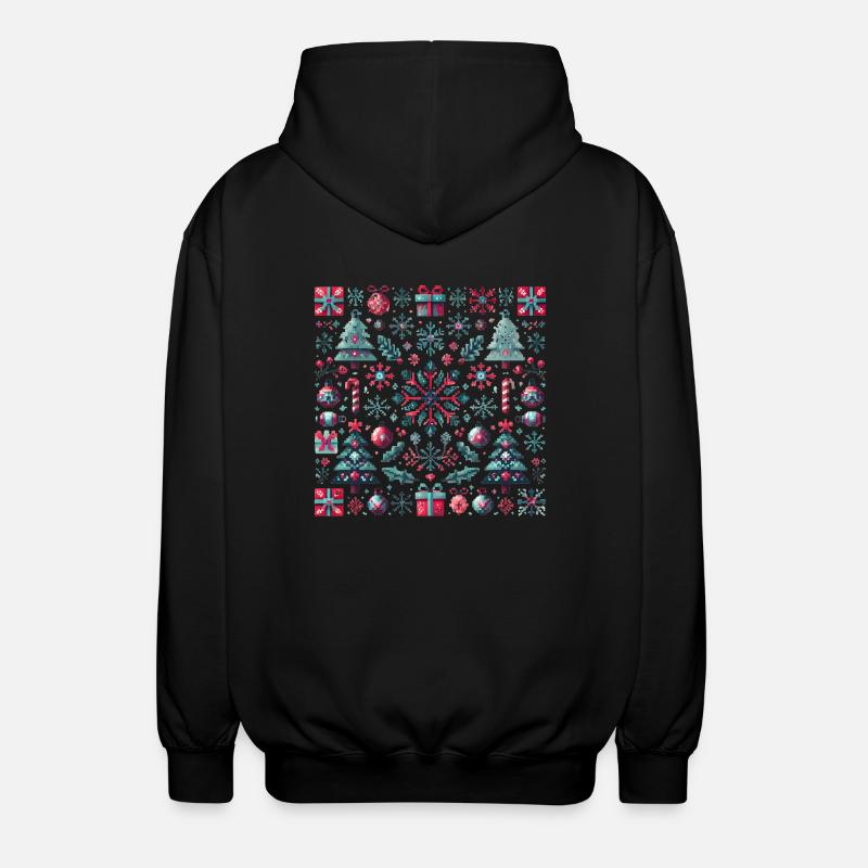 Festive Pixel Art Christmas Pattern - Unisex Hooded Jacket - black