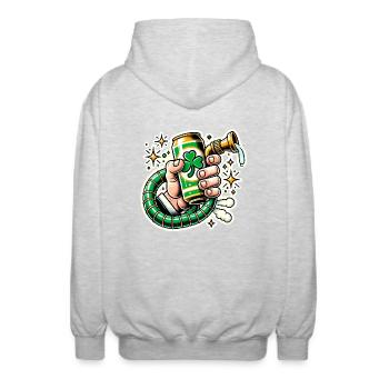 Funny St Patricks Beer Can Design - Unisex Hooded Jacket - light heather grey - Back - AI Model Male 185 light (185cm)