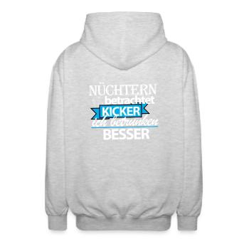 nüchtern kickern? - Unisex Kapuzenjacke - Hellgrau meliert - Hinten - AI Model Male 185 light (185cm)