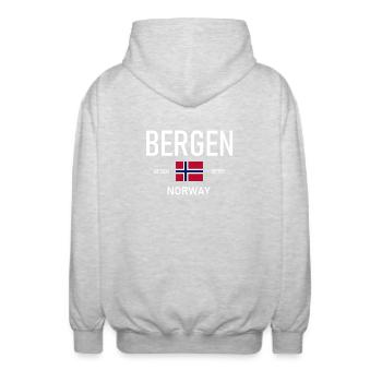 Bergen - Norvège - Coordonnées - Drapeau - Veste à capuche unisexe - gris clair chiné - Dos - AI Model Male 185 light (185cm)