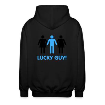 Ich bin ein glücklicher Mann! - Unisex Kapuzenjacke - Schwarz - Hinten - AI Model Male 185 light (185cm)
