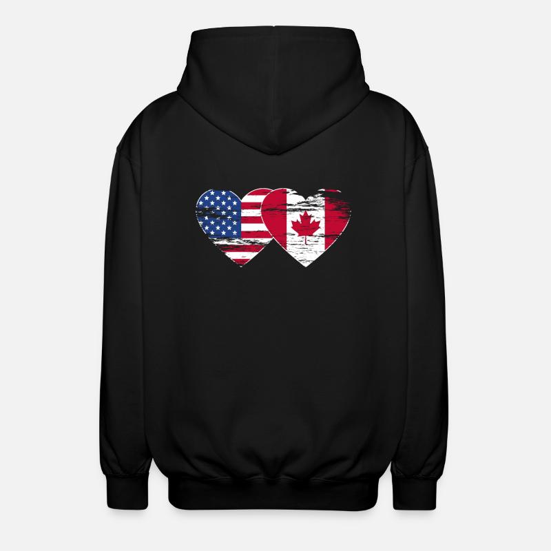 États-Unis, Canada, Drapeau Coeur Utilisé - Veste à capuche unisexe - noir
