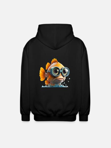 Sjov fisk med dykkerbriller - Unisex hættejakke. - sort
