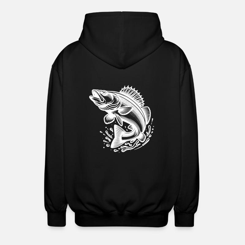Large Jumping Zander Fish - Unisex Hooded Jacket - black