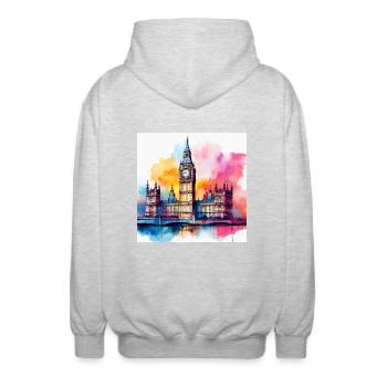 Big Ben Watercolour Splash Art - Unisex Hooded Jacket - light heather grey - Back - AI Model Male 185 light (185cm)