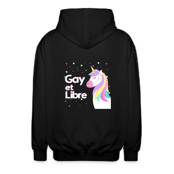 Gay and Free - Unisex Hooded Jacket - black - Back - AI Model Male 185 light (185cm)