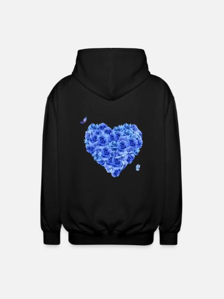 Blue floral heart - Unisex Hooded Jacket - black