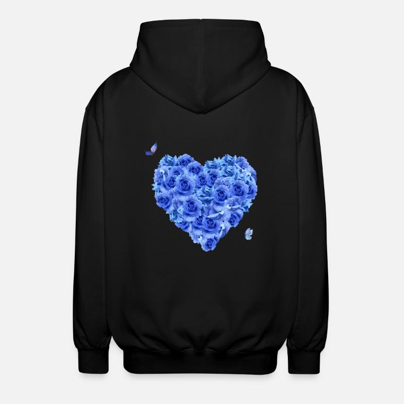 Blue floral heart - Unisex Hooded Jacket - black