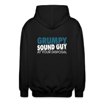 Grumpy Soundguy At Your Disposal for Sound Engineers - Unisex Hooded Jacket - black - Back - AI Model Male 185 light (185cm)
