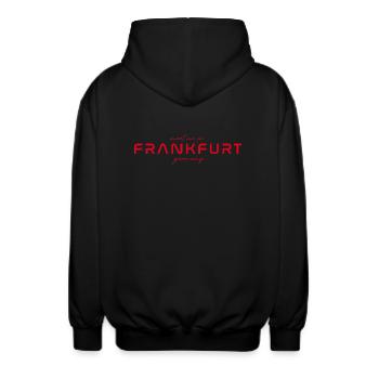 Frankfurt T-Shirt – Skyline Liebe - Unisex Kapuzenjacke - Schwarz - Hinten - AI Model Male 185 light (185cm)