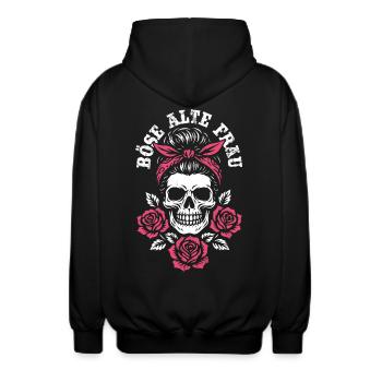Böse alte Frau - Totenkopf - Rosen - Spruch - Unisex Kapuzenjacke - Schwarz - Hinten - AI Model Male 185 light (185cm)