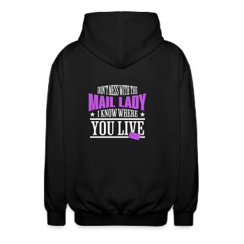 Leg dich nicht mit der Mail Lady an, ich weiß, wo du wohnst - Unisex Kapuzenjacke - Schwarz - Hinten - AI Model Male 185 light (185cm)