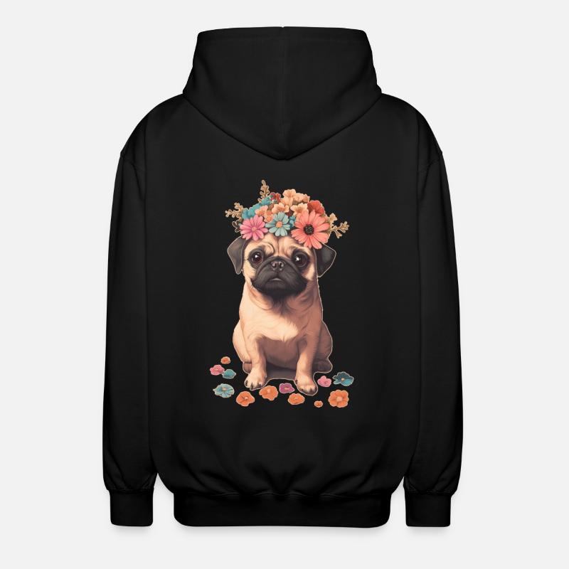 Mops mit Blumen - Unisex Kapuzenjacke - Schwarz